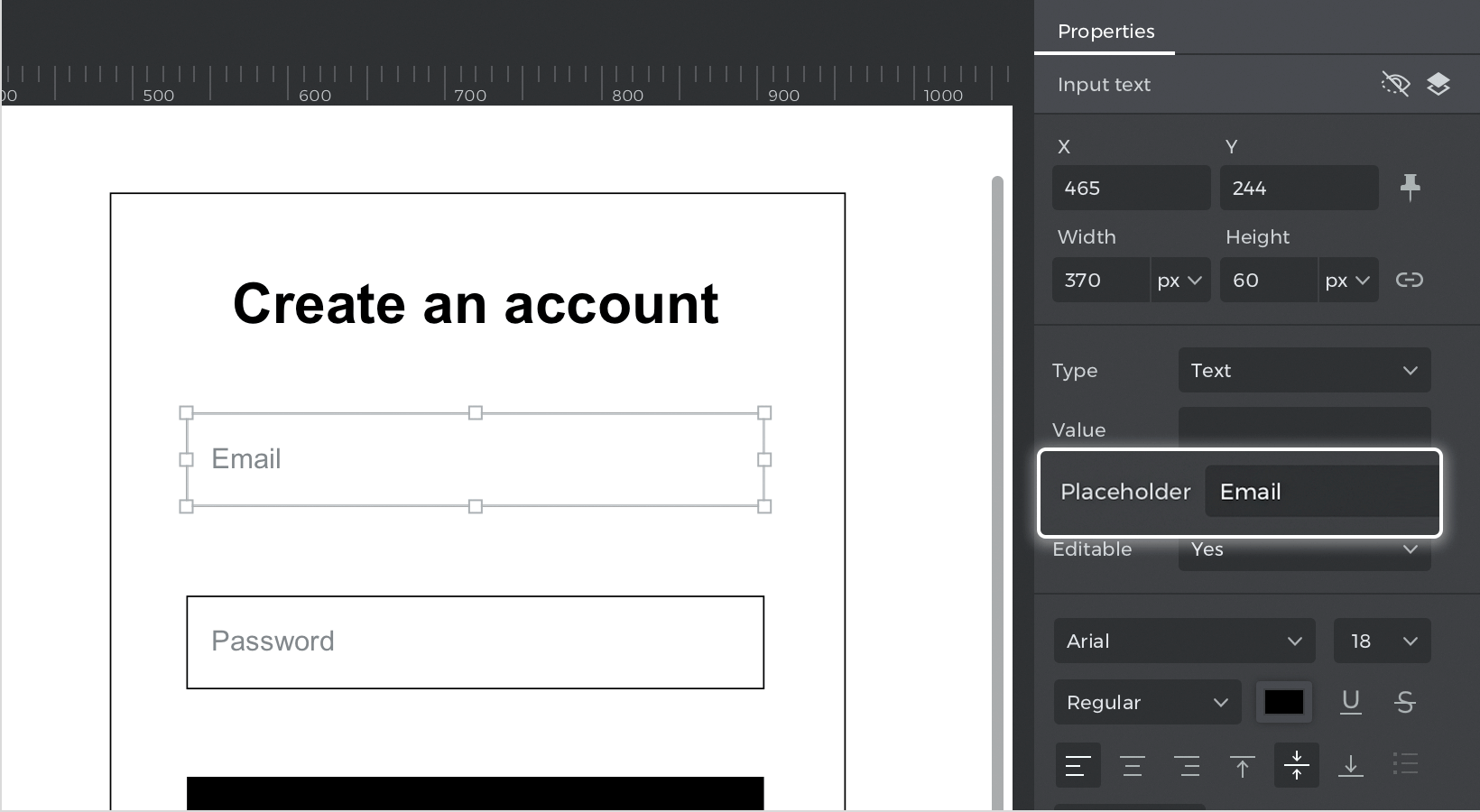 Type placeholder values into each input text field in the properties palette