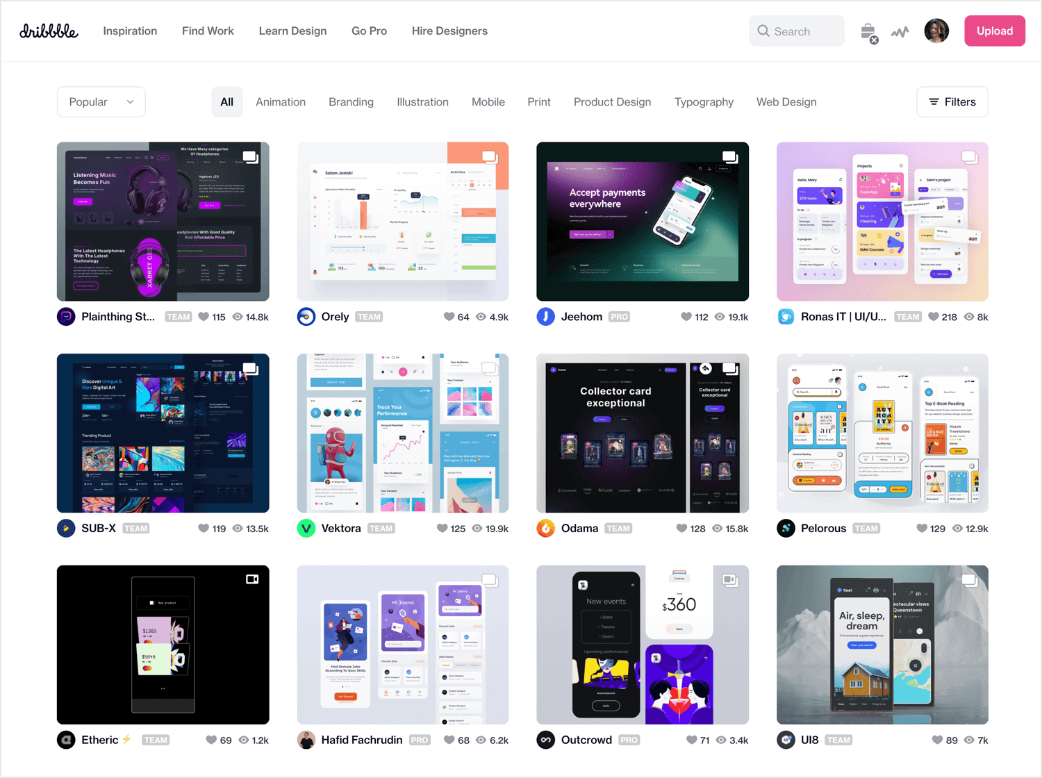 dribbble as website for ux portfolios