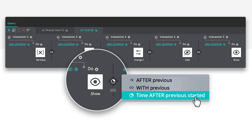 events palette for button interaction in justinmind