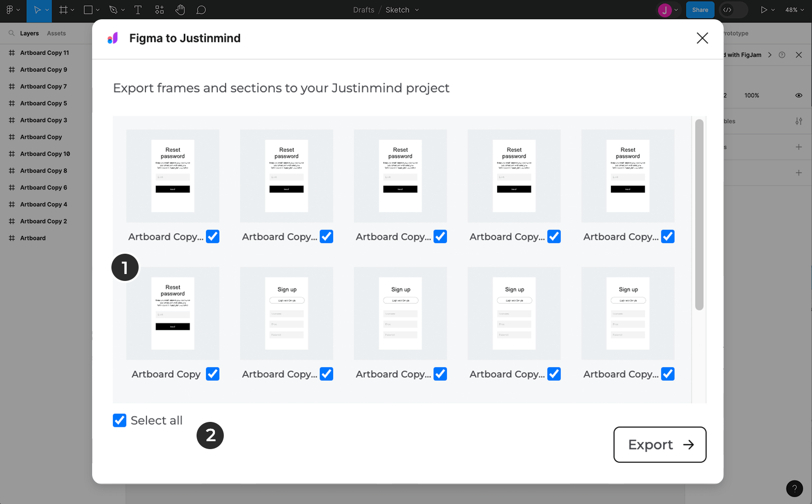 Figma to Justinmind export dialog