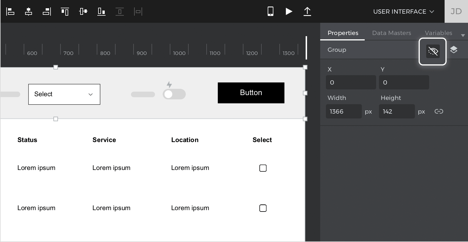 Group selected and marked as hidden