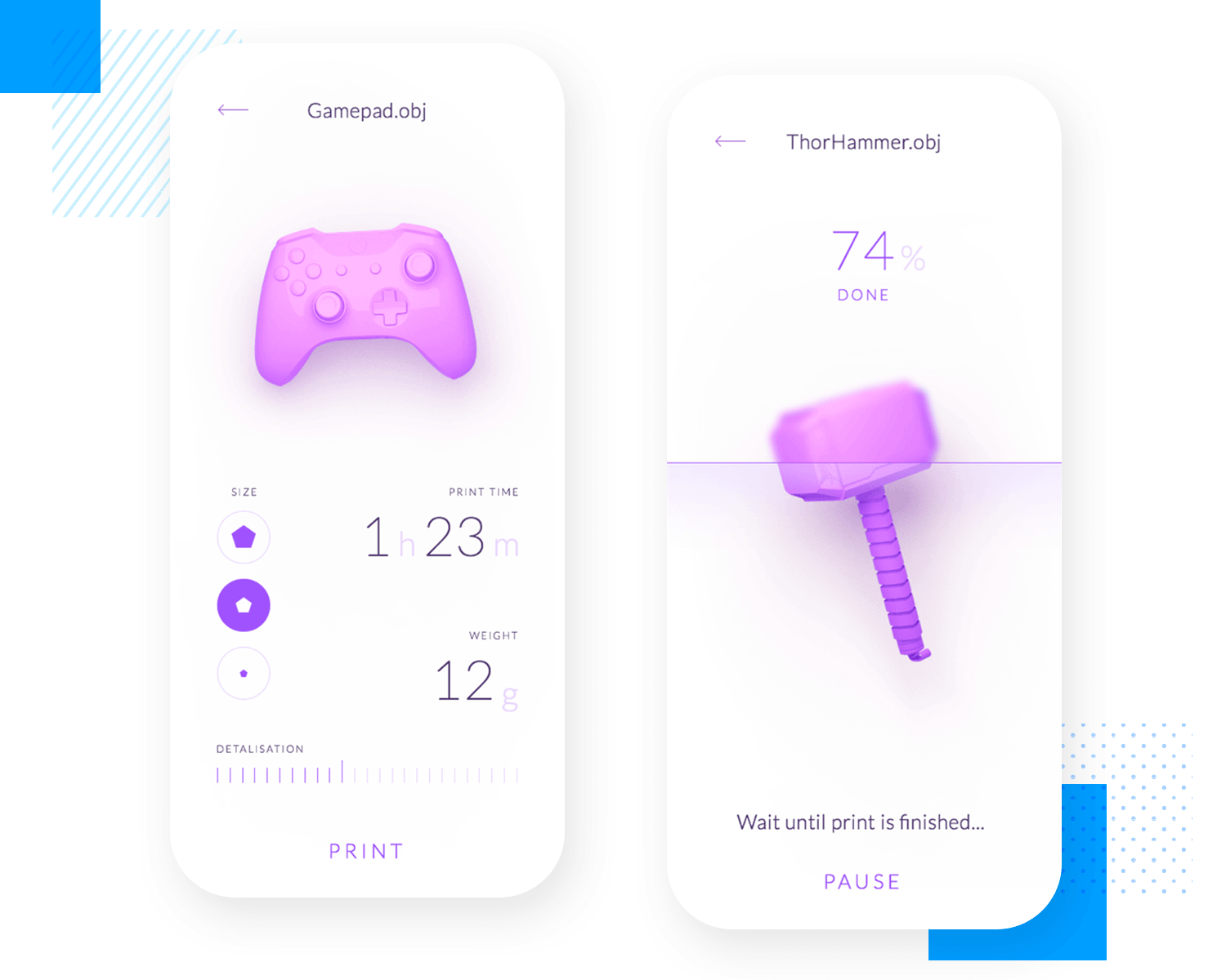 Example of a high fidelity 3D printer app prototype