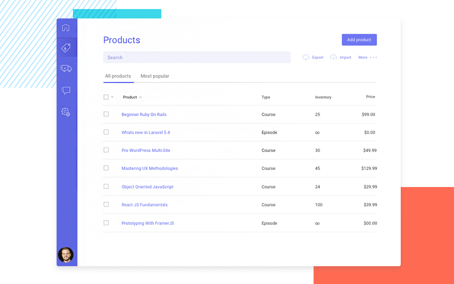 List UI design - Ecommerce product dashboard