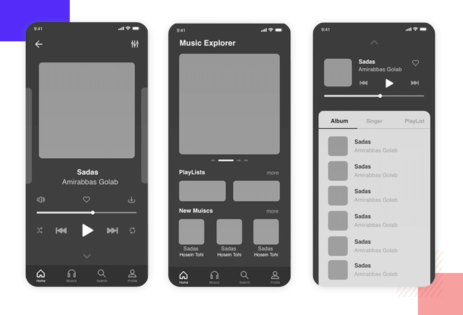 mobile app wireframe example - music explorer