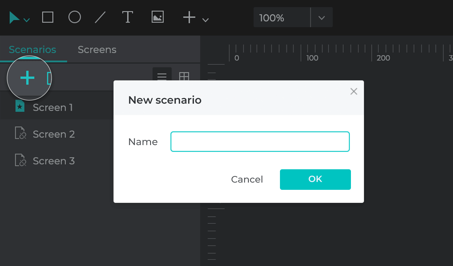 Opening a new user flow with the Justinmind Scenarios module