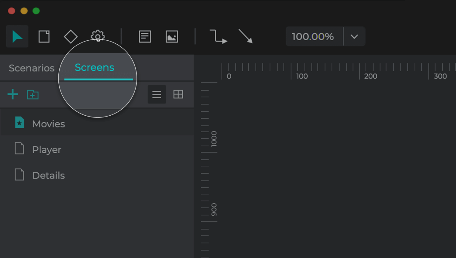 Screens panel for creating user flows with wireframes in Justinmind